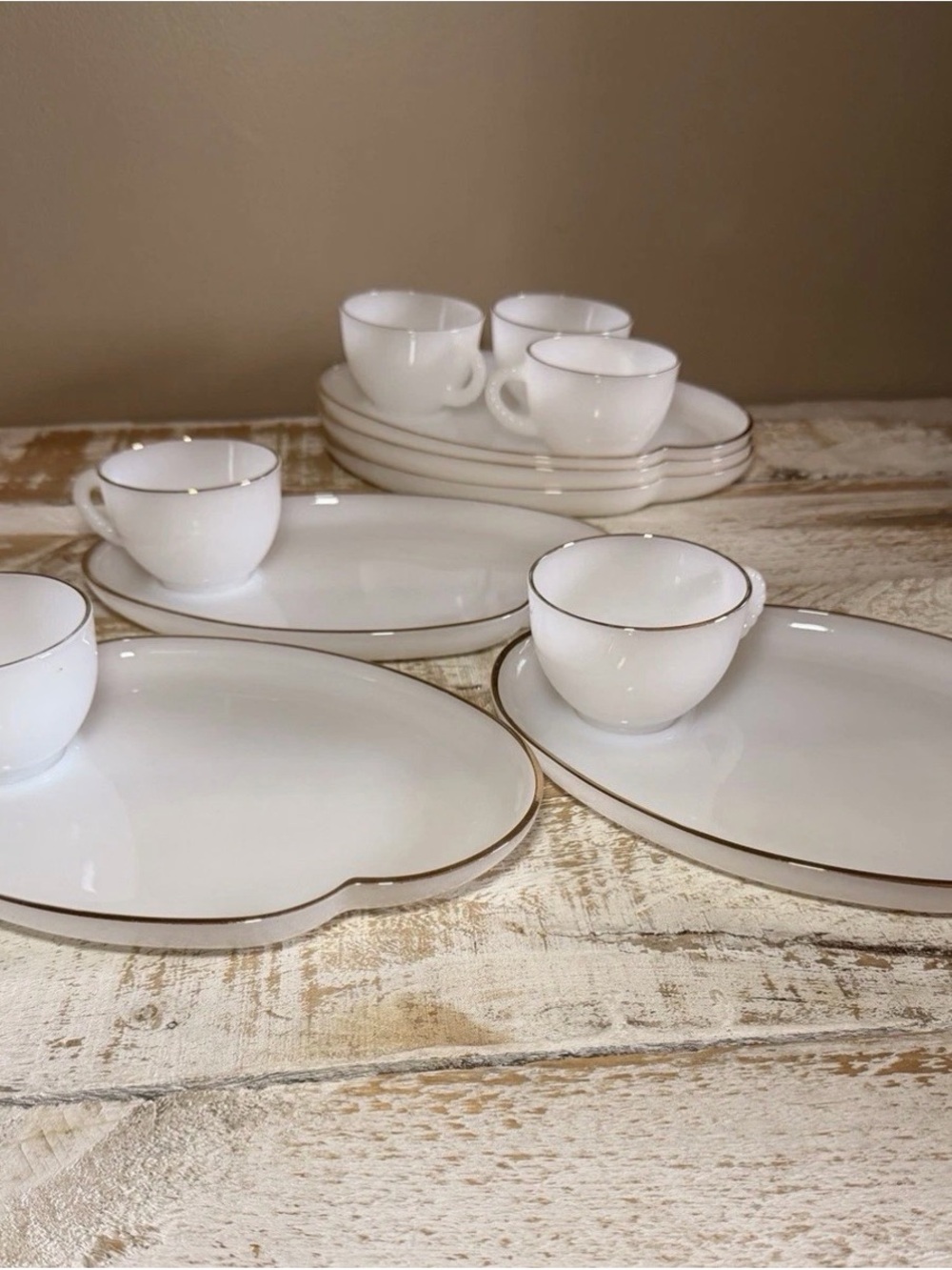 vintage Anchor Hocking Fire-King "Golden Anniversary" milk glass snack set